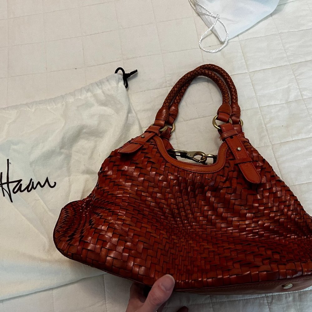 COLE HAAN Genevieve woven leather saddle optical weave. Orange (discont'd color)